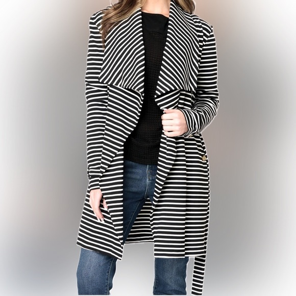 🆕 NWT GIBSONLOOK Blazer Belted Ponte Topper Jacket Black White Stripe Womens XS - Picture 1 of 9